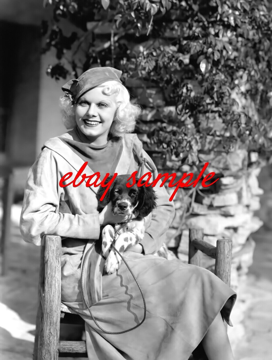 JEAN HARLOW CANDID PHOTO - Holding her springer spaniel puppy dog
