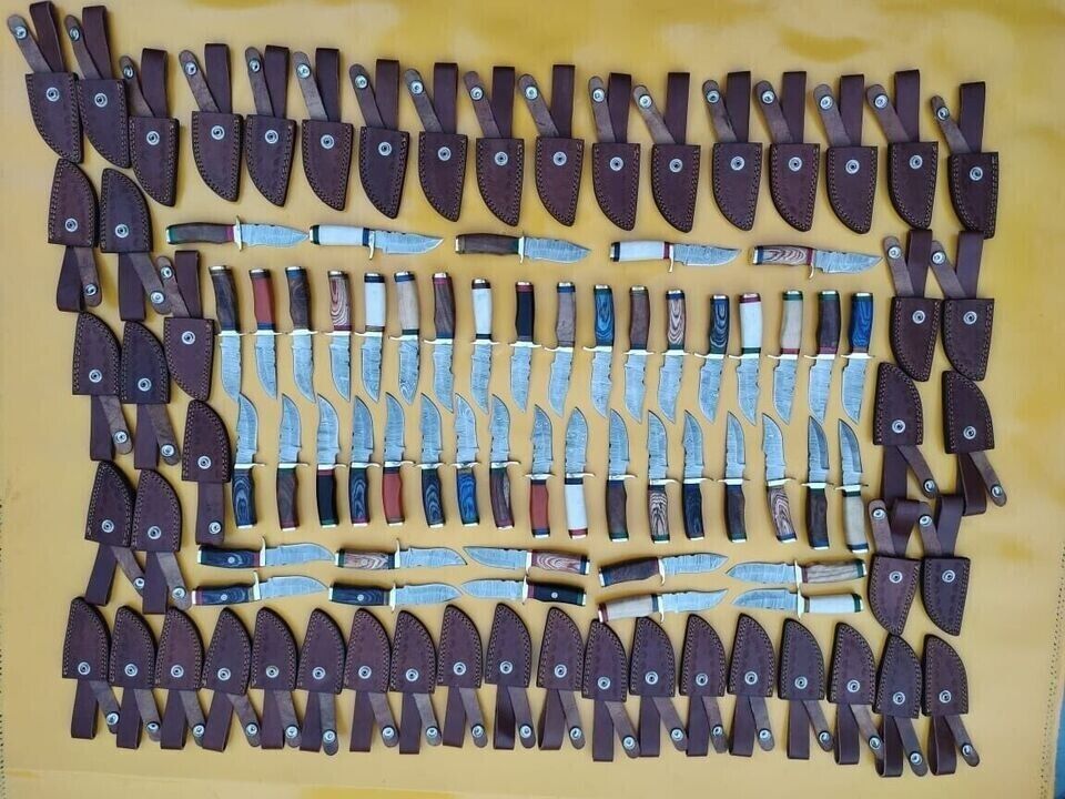 Lot of 40 PCS Custom Hand-Forged Damascus Steel Skinner & Hunting Knives Sheath.