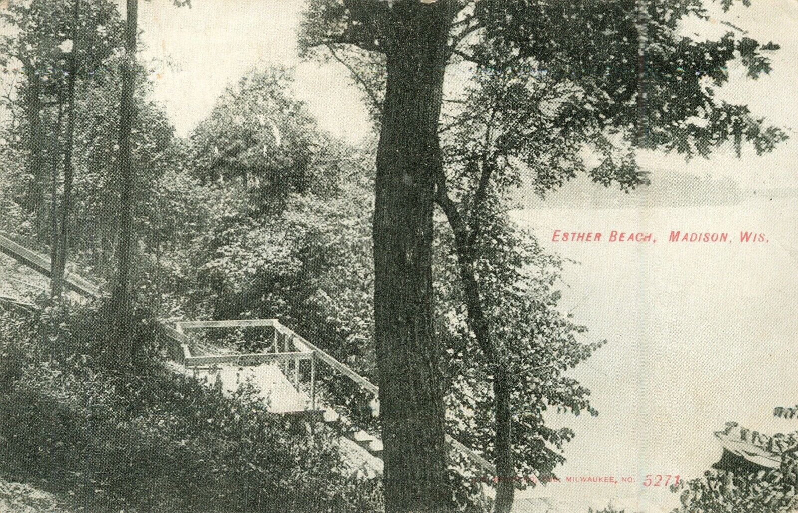 MADISON, Wisconsin, ESTHER BEACH Antique 1911 POSTCARD Steps down to beach