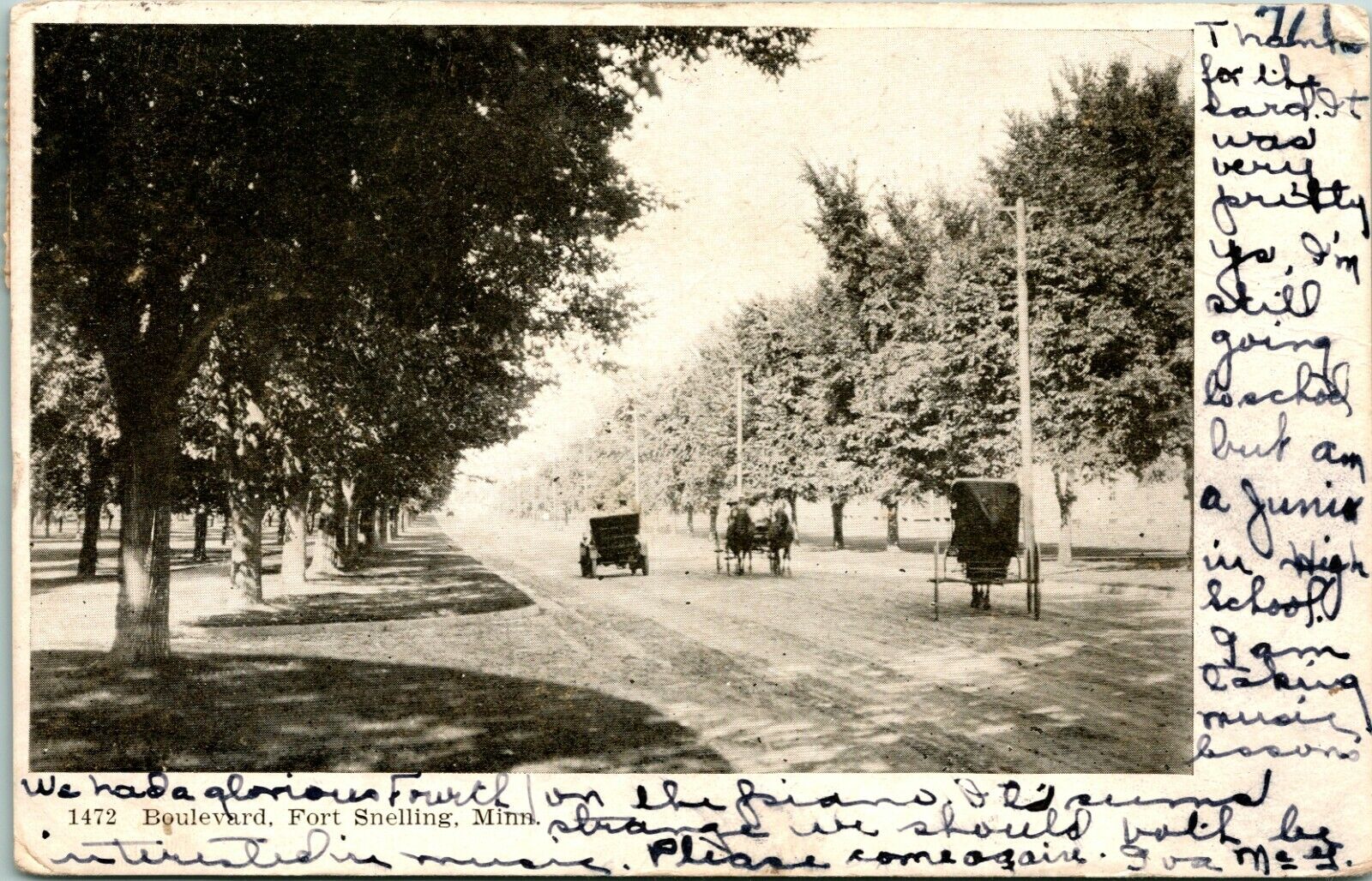 Vtg Postcard 1907 Boulevard Dirt Street View w Autos & Horses Fort Snelling MN