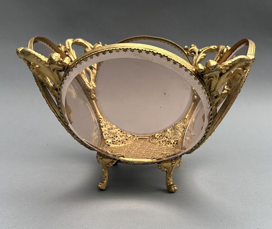 Vintage Gold Gilt Metal Bowl with Colored Beveled Glass Panels