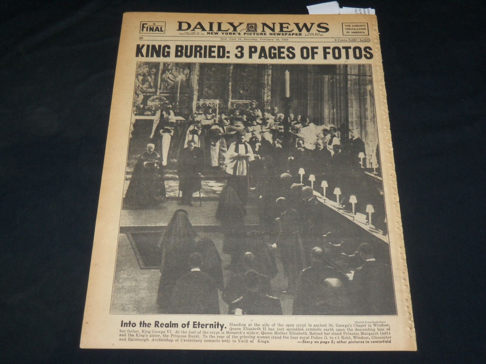 1952 FEBRUARY 16 NEW YORK DAILY NEWS - KING GEORGE VI BURIED - NP 5393