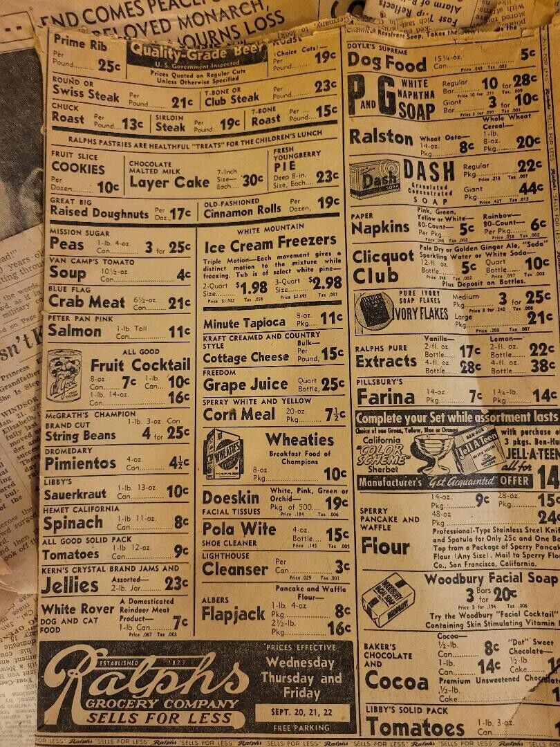 VINTAGE 1937 RALPHS GROCERY NEWSPAPER AD, PRIME RIB 25 cents, WHEATIES 10 cents