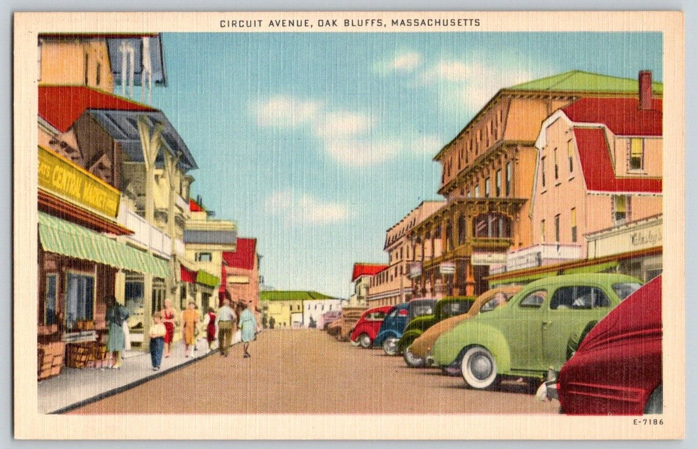 Linen Postcard~ Circuit Avenue~ Oak Bluffs, Massachusetts