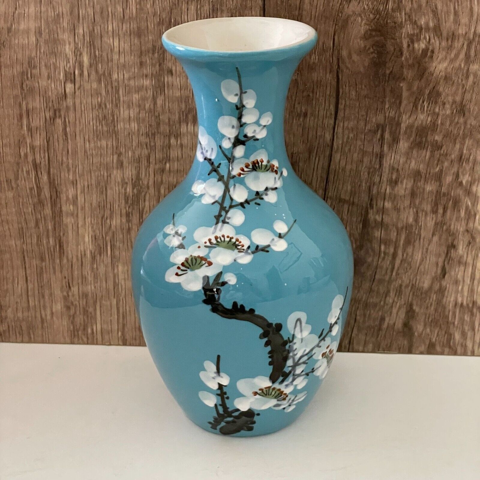 Vintage 60s Japanese Hand Painted Cherry Blossom Blue Flower Bud Ceramic Vase 6\