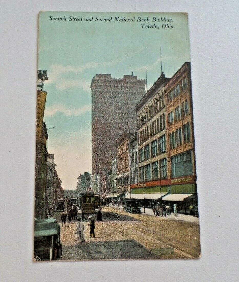Vtg. Summit Street and Second National Bank Bldg, Toledo OH 1917 Postcard 6791