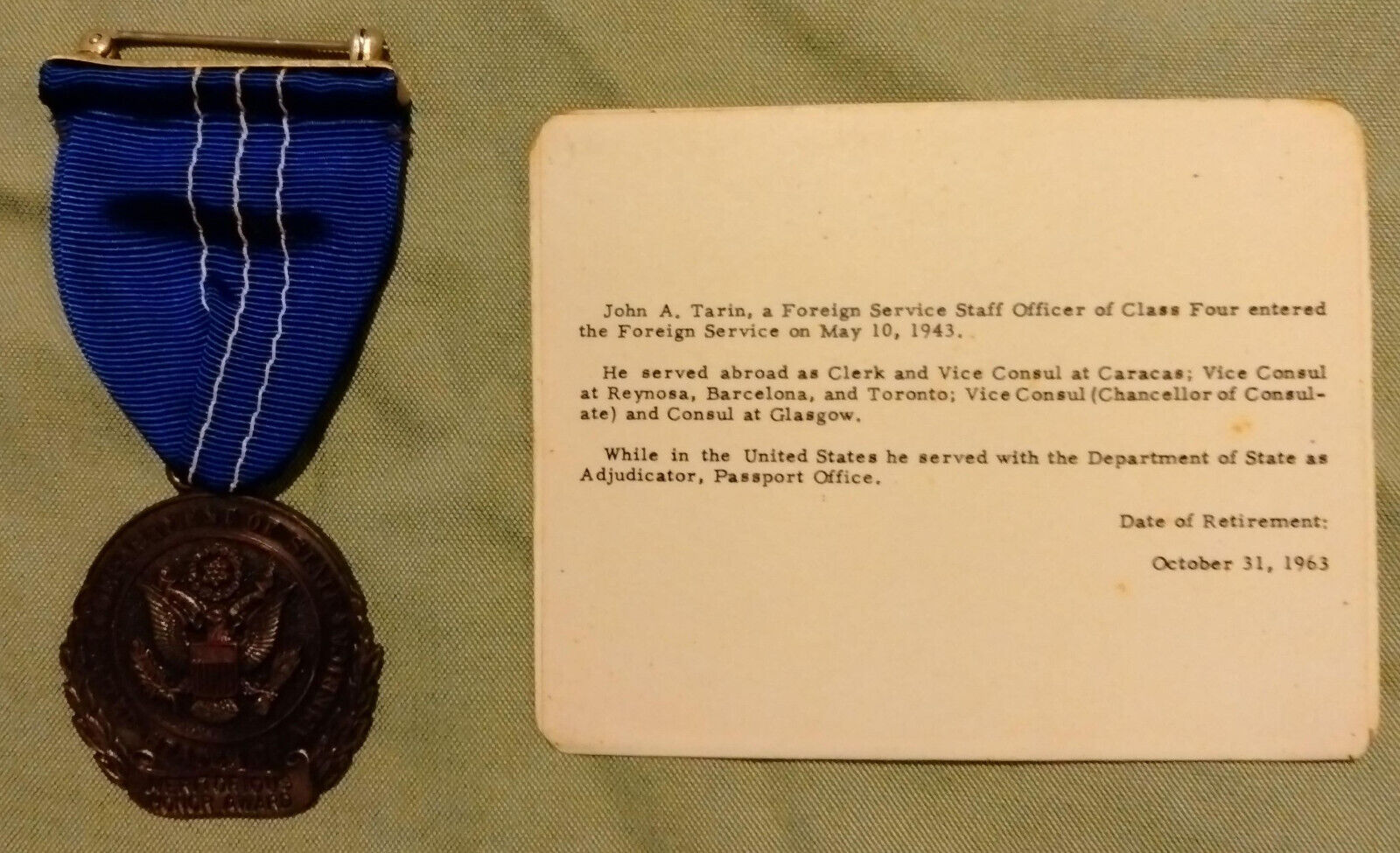 1968 Department of State Meritorious Honor Award Medal /w Retirement Card