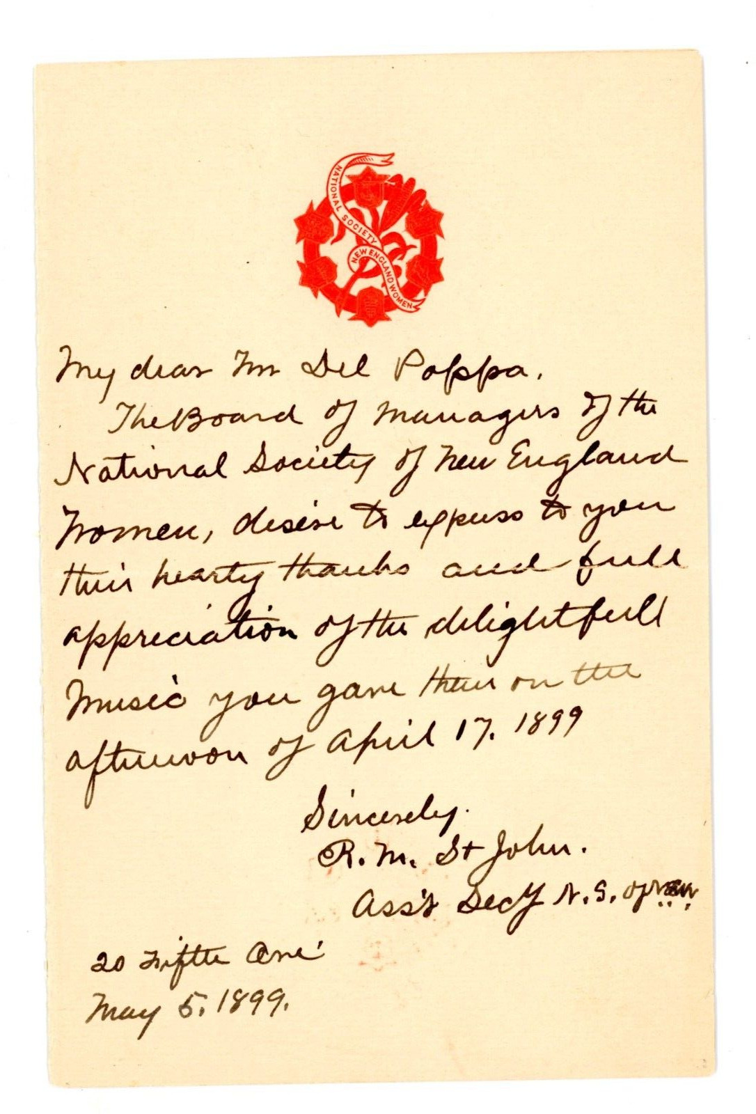 1899 Handwritten letter Signed National Sciety New England Women RM St. John