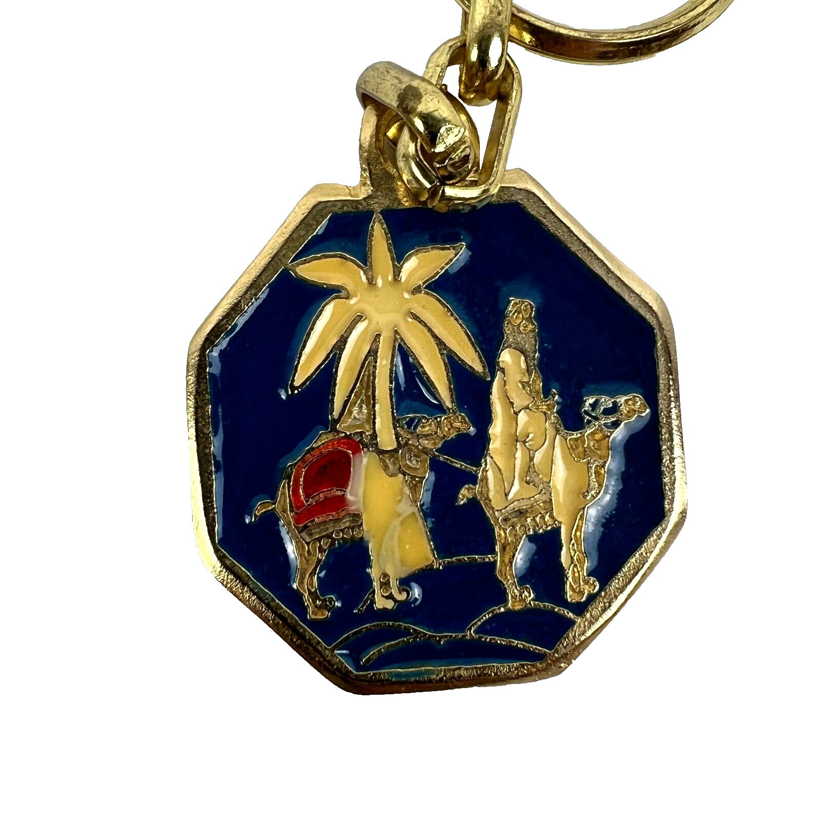 Vintage Jerusalem Keychain Blue Enamel Gold Tone Metal Pendant Travel Souvenir