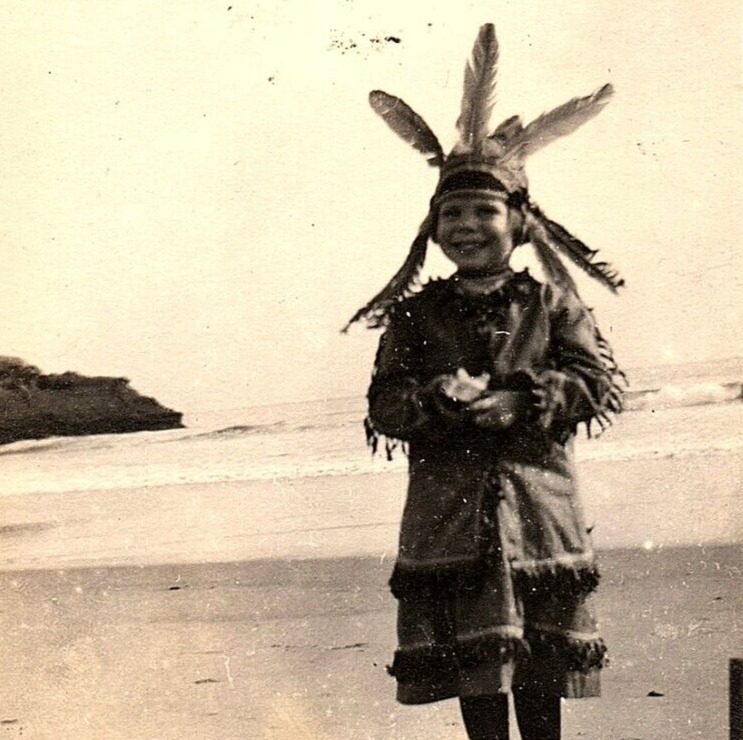 Morbid c.1913 Little Girl in Native American Pocahontas Costume on Beach RPPC