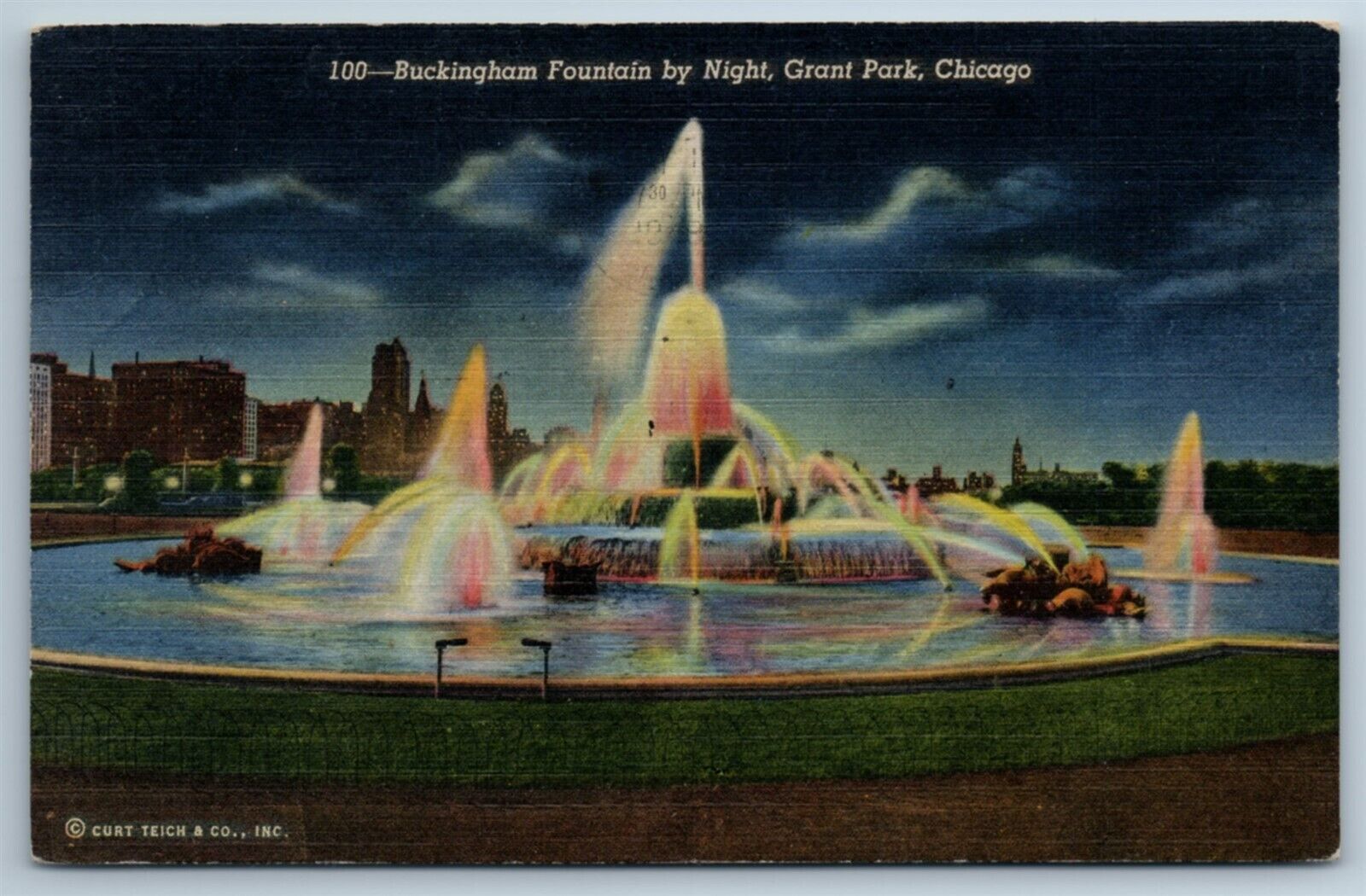 Postcard Buckingham Fountain By Night Grand Park Chicago Illinois Linen M1H