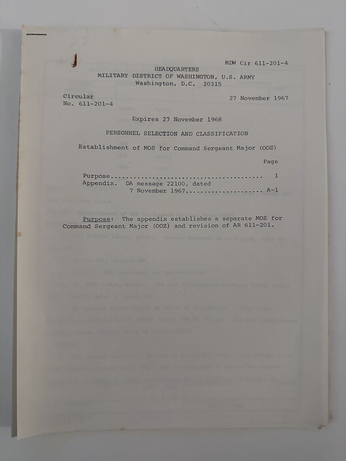 1967 Nov 27 Sgt Major Personnel Selection & Classification Document Ephemera