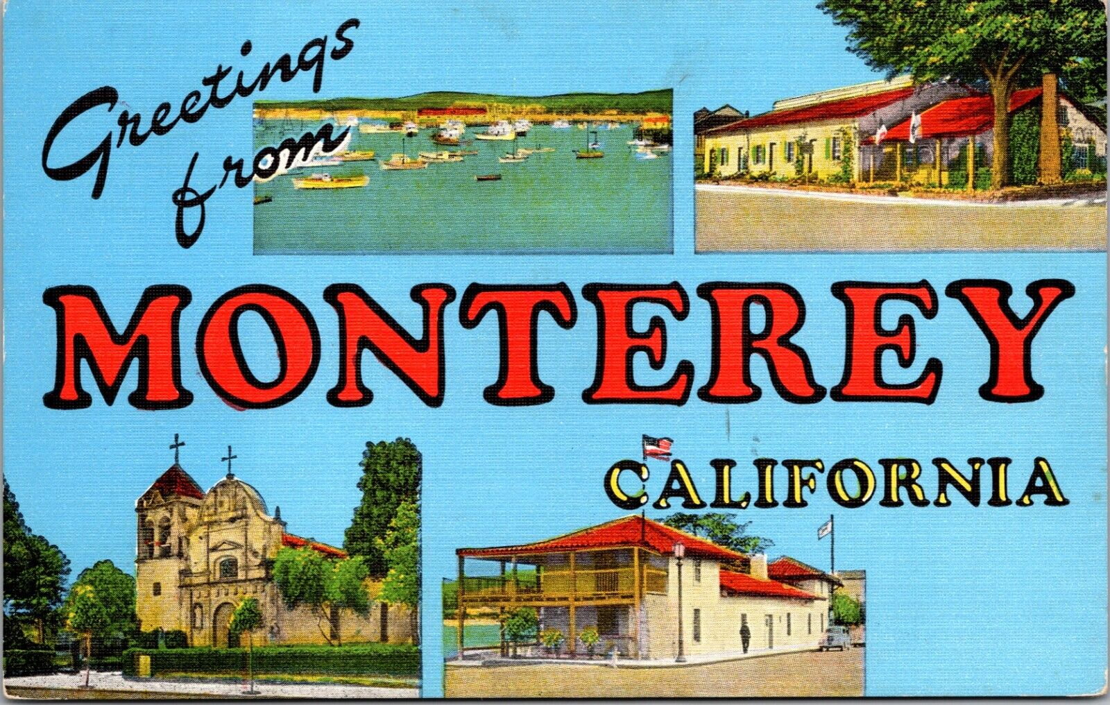 Vtg Greetings From Monterey California CA Multi View Linen Postcard