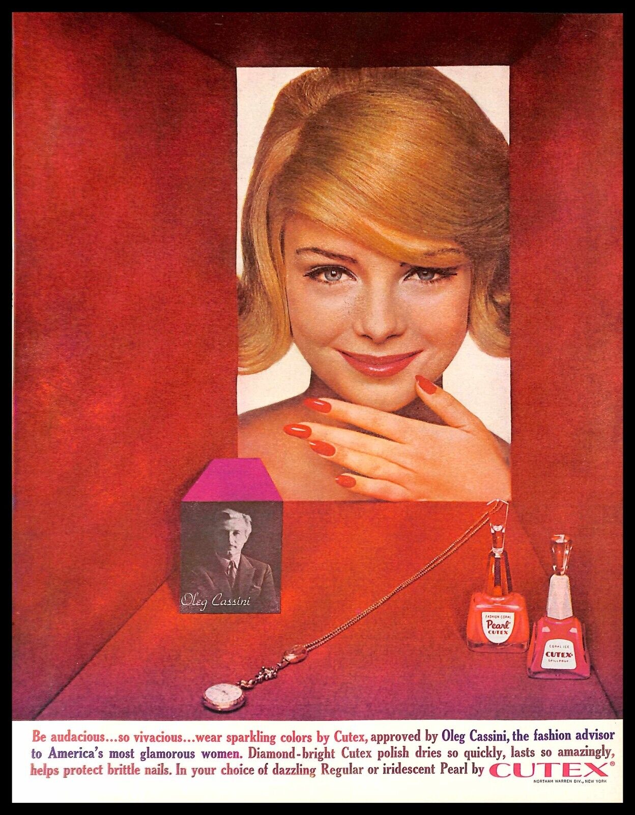 1962 Cutex Nail Polish Oleg Cassini Vintage PRINT AD Woman Blond Red
