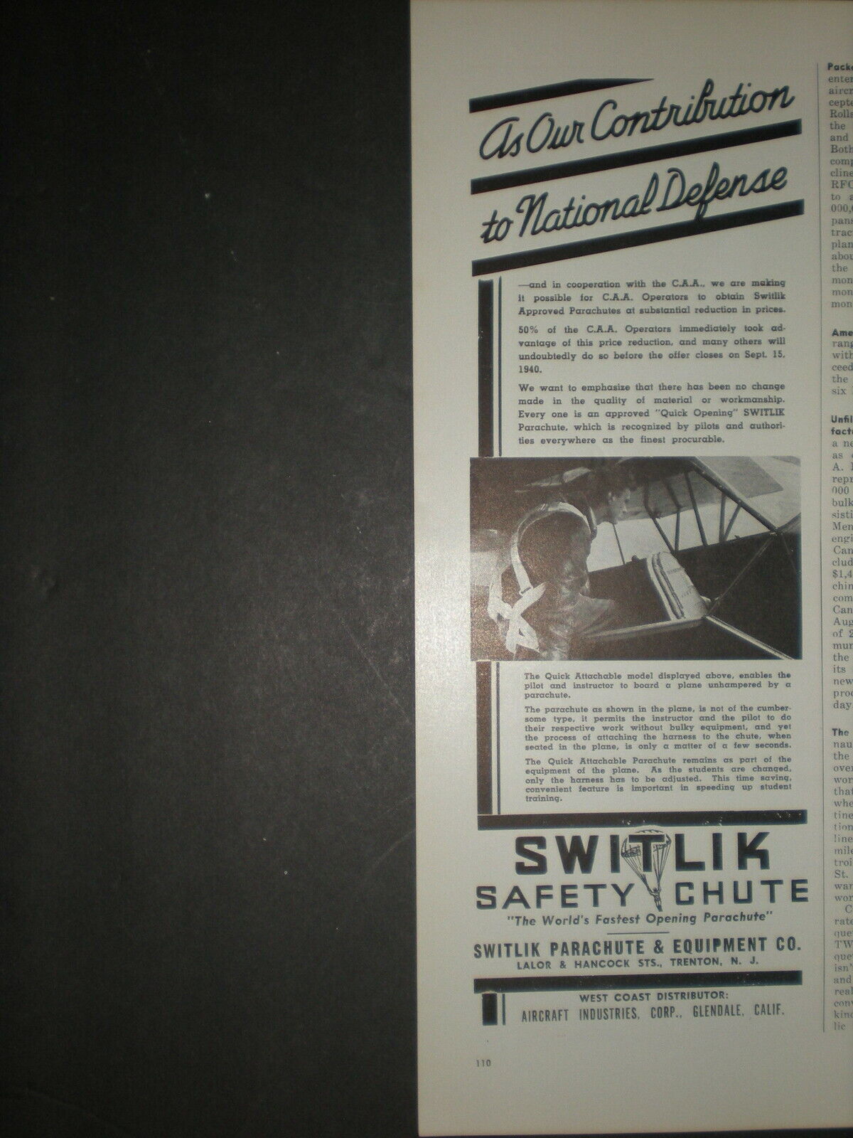 1940 NATIONAL DEFENSE CAA SWITLIK PARACHUTE WWII vintage Trade print ad
