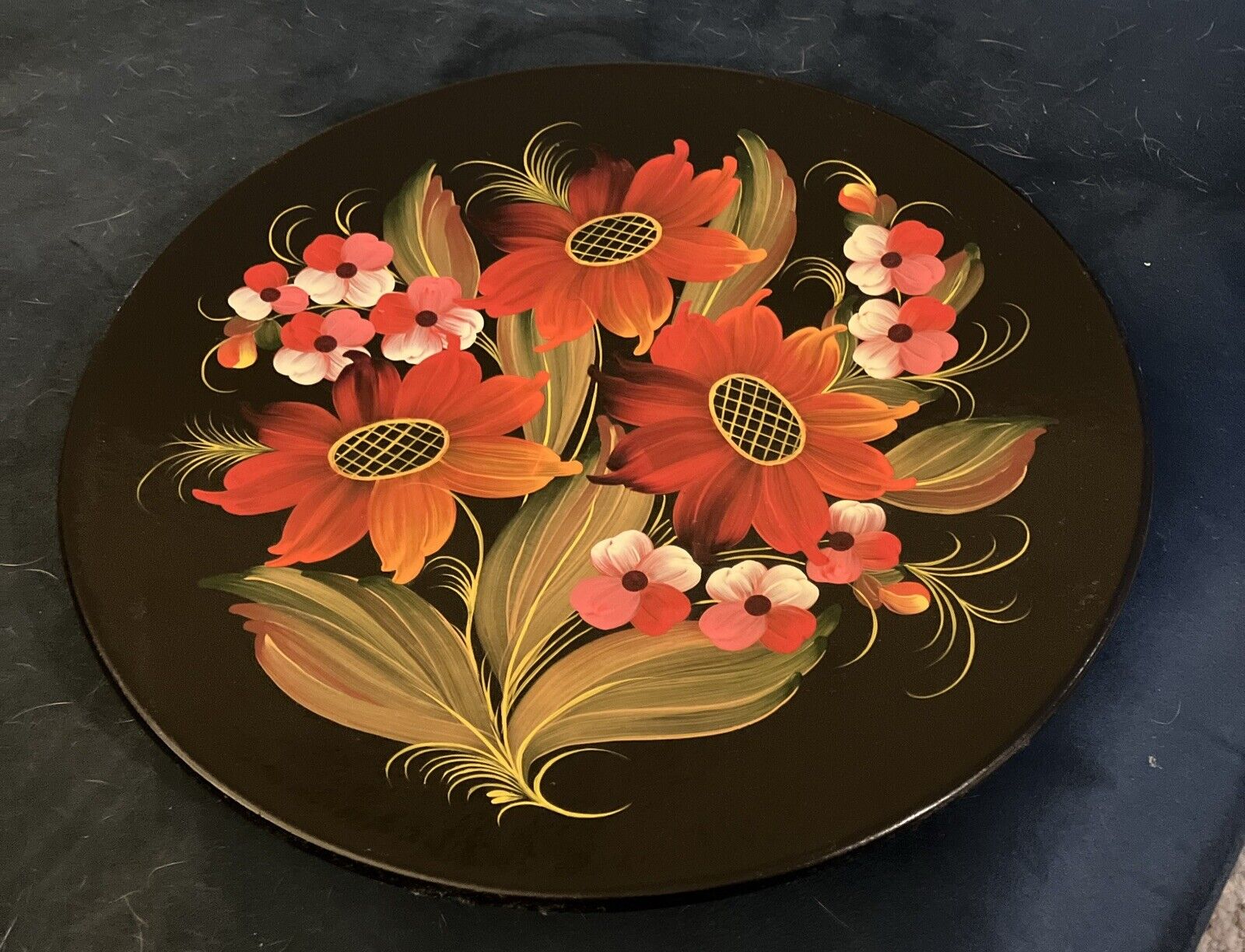 Antique Lacquer Ware Circular  Russian Black Floral Hand Painted Display Plate