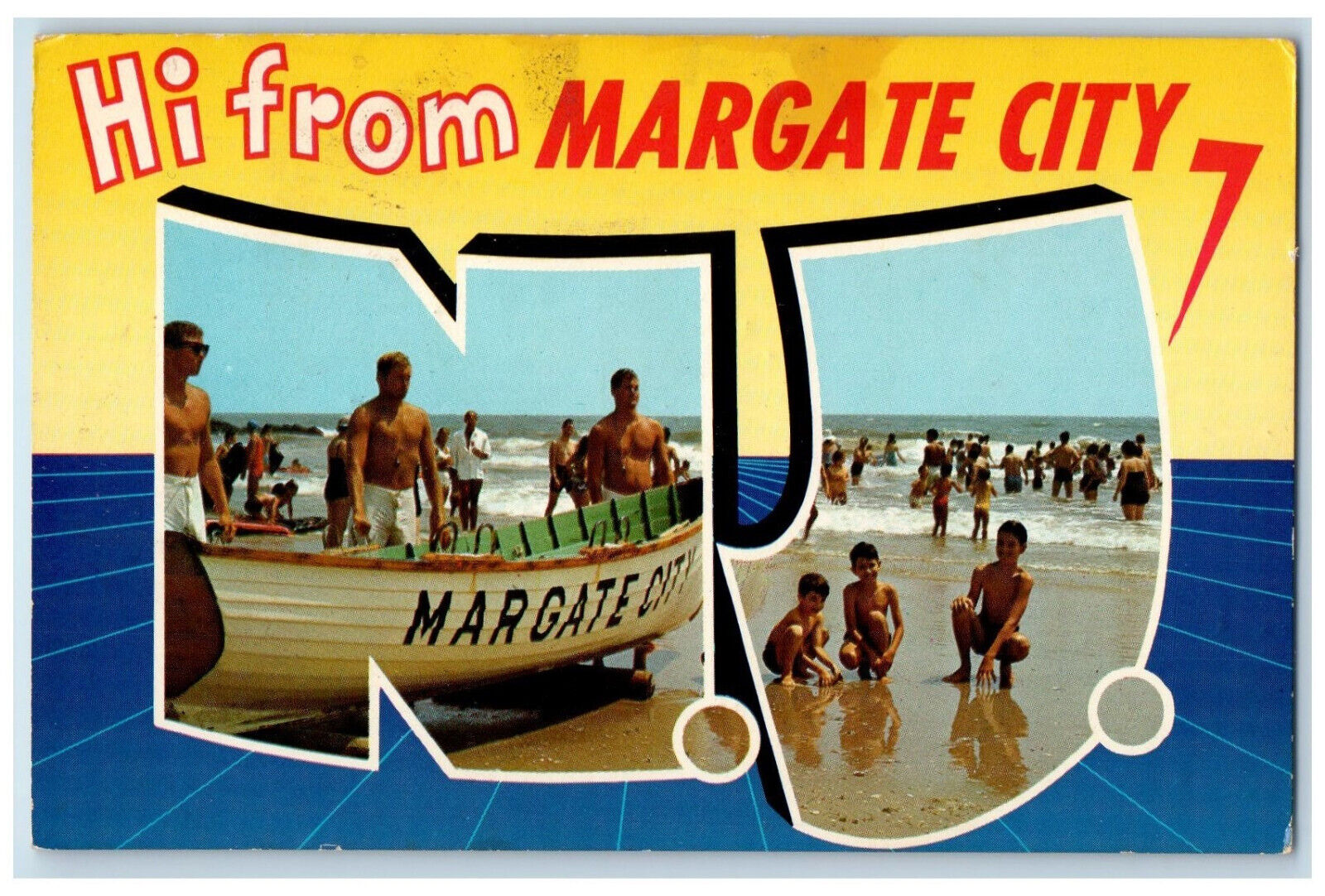 Hi From Margate City New Jersey NJ, Big Letter Beach Scene Dual View Postcard