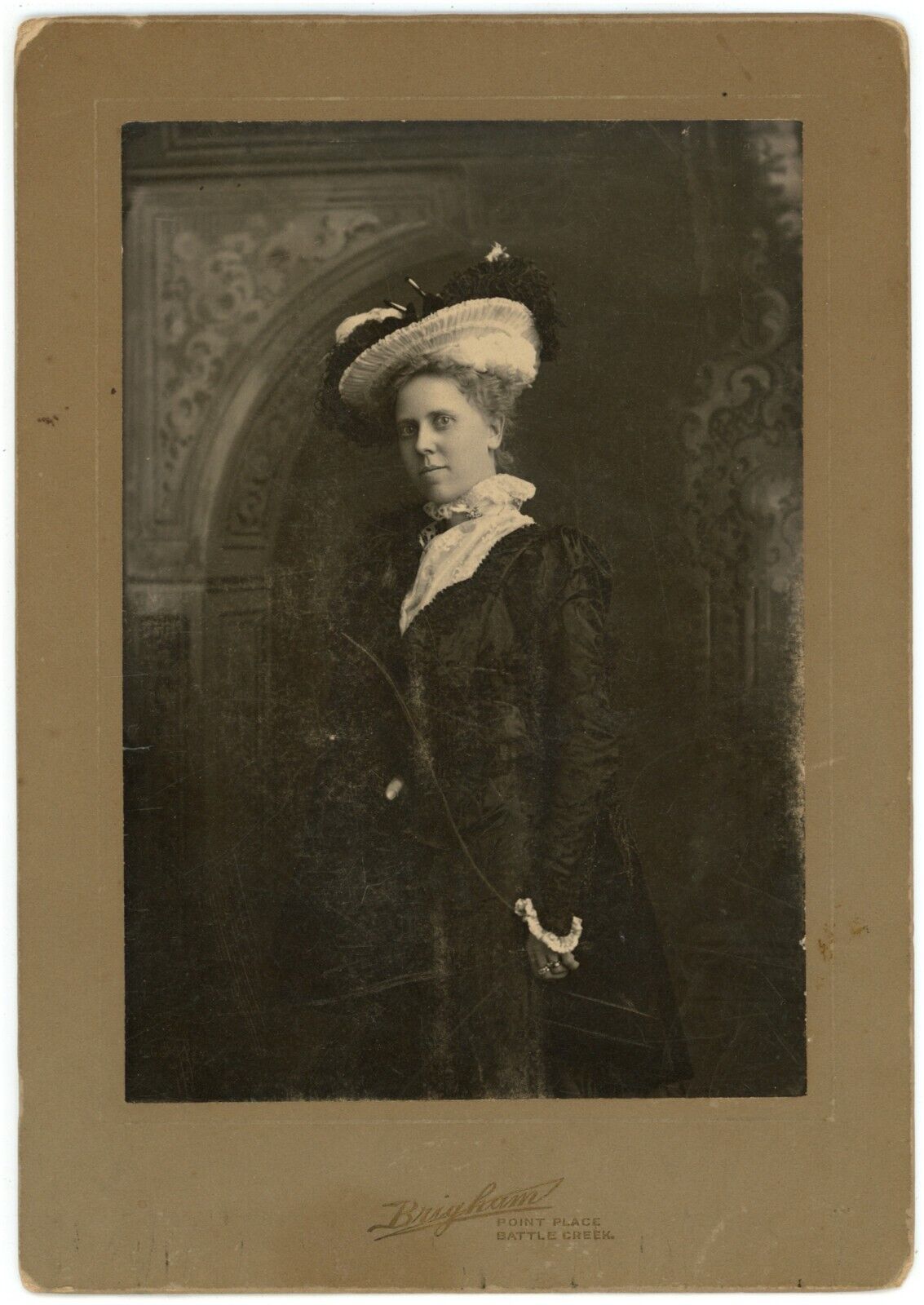 Antique Circa 1880s Cabinet Card Brigham Beautiful Woman in Hat Battle Creek, MI