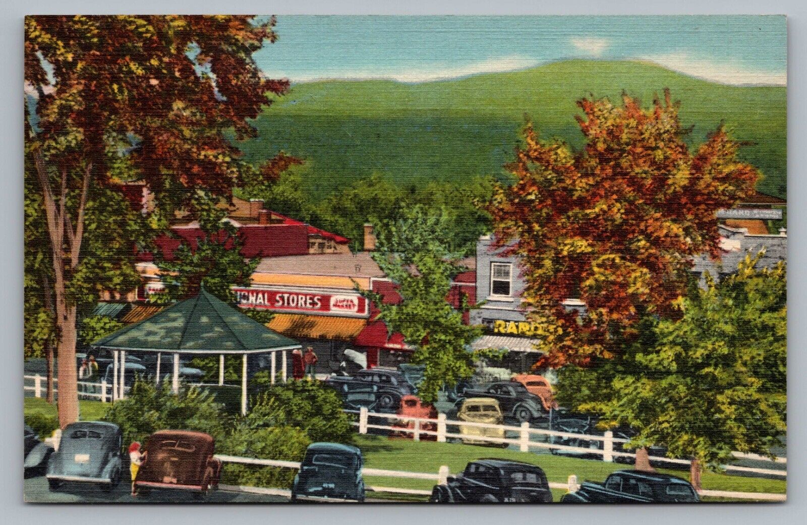 Plymouth NH Common Main Street East Stores Signs Antique Cars Postcard Vtg D7
