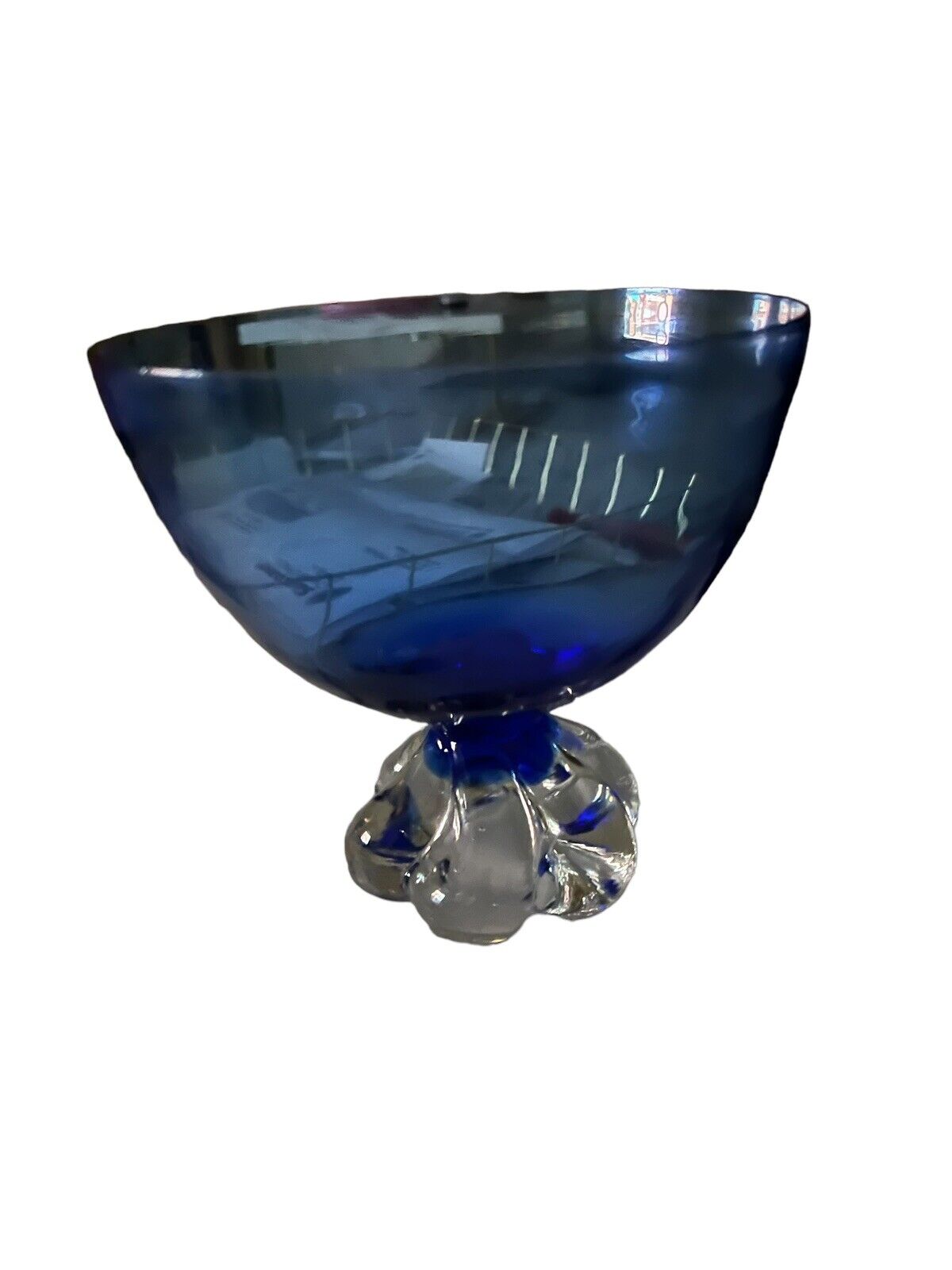 Vintage Blue Glass Bowl with Twisted Foot Base