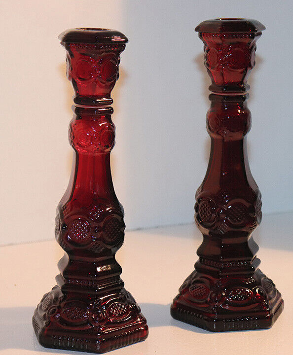 Vintage Pair Avon 1876 Cape Cod Ruby Red Glass Candle Stick Holders 8 1/2\