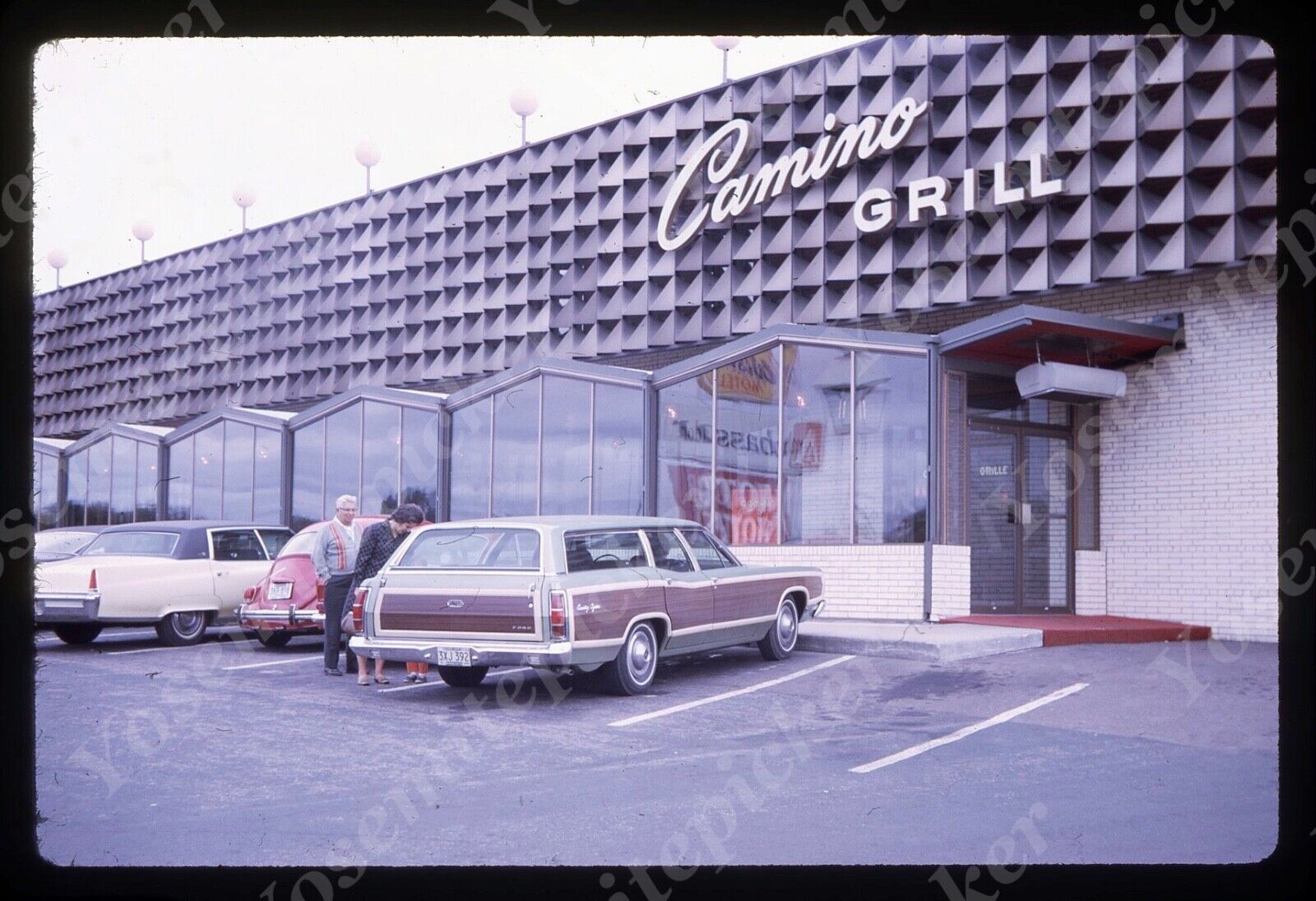 sl82 Original slide 1969 parking lot couple Country Squire station wagon car 516