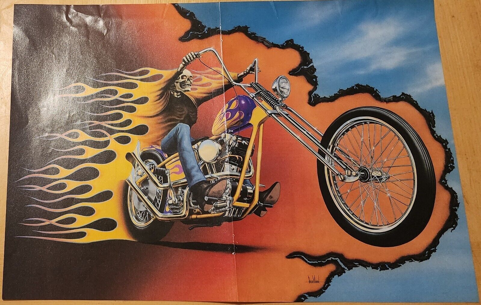 RARE David Mann Easyriders Magazine Centerfold 2-page Art Pullout Skull Flames