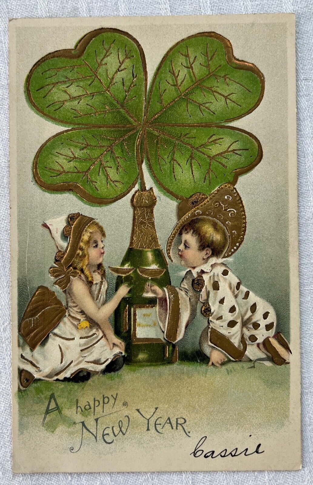 New Year\'s Postcard Children Drinking Champagne Shamrock Gold Highlights Germany