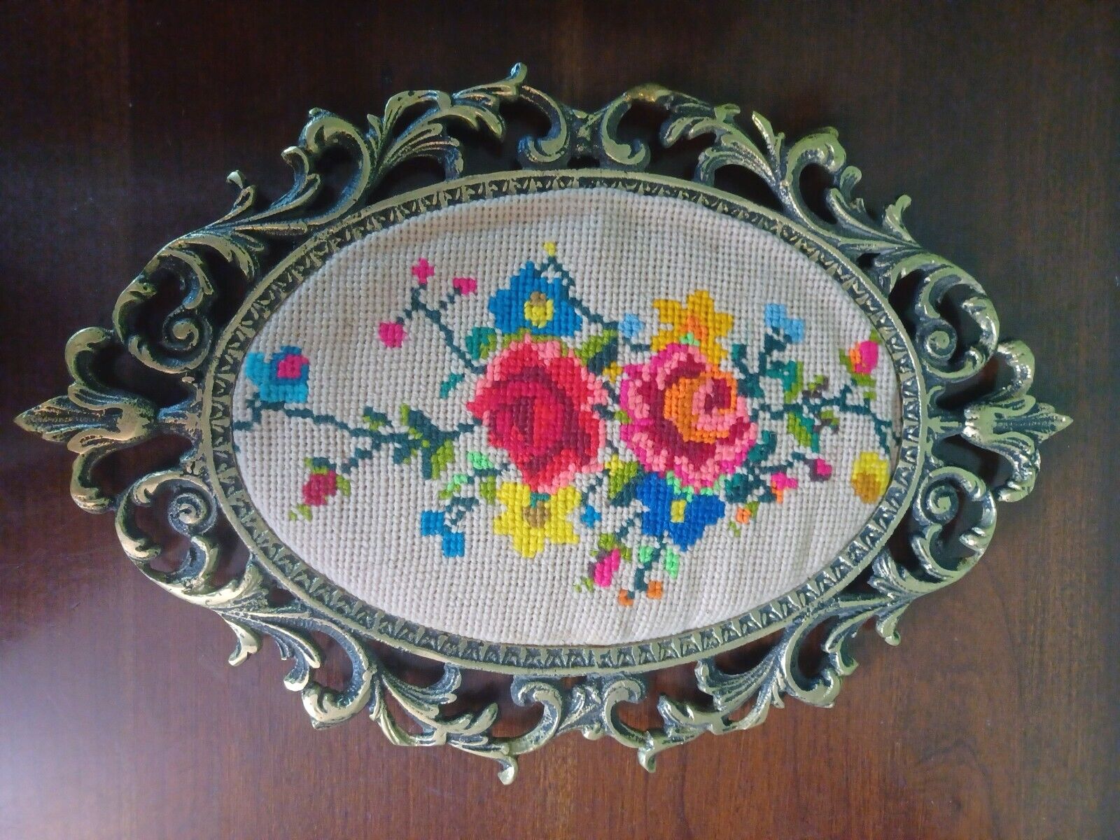 Vintage  Needlework Embroidery with Metal Gold tone Frame Flowers Bright Colors