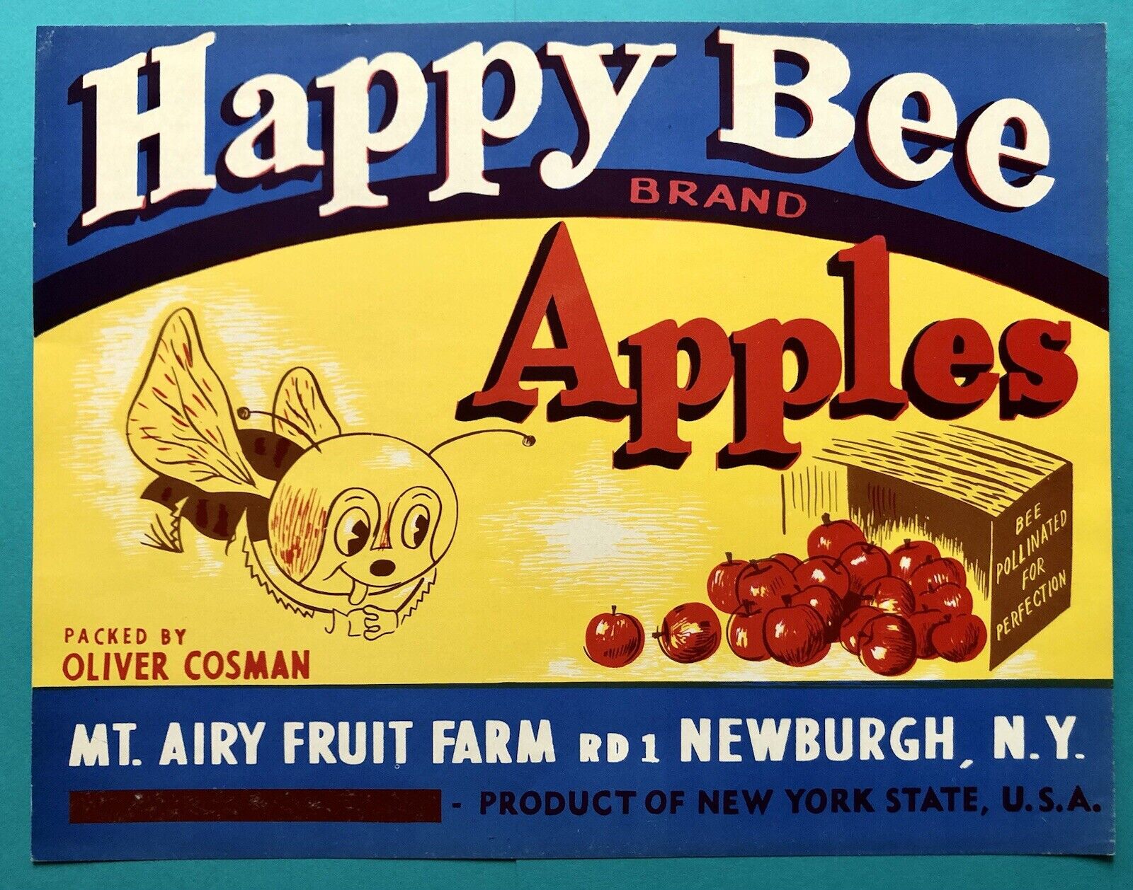 NOS Vintage 1950s Anthropomorphic Happy Bee Apples Crate Label Newburgh New York