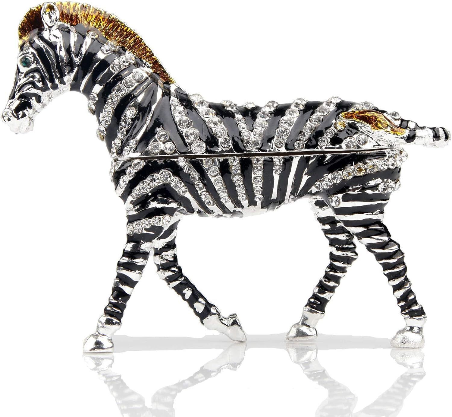 Bejeweled Enameled Animal Trinket Box/Figurine With Rhinestones-Zebra