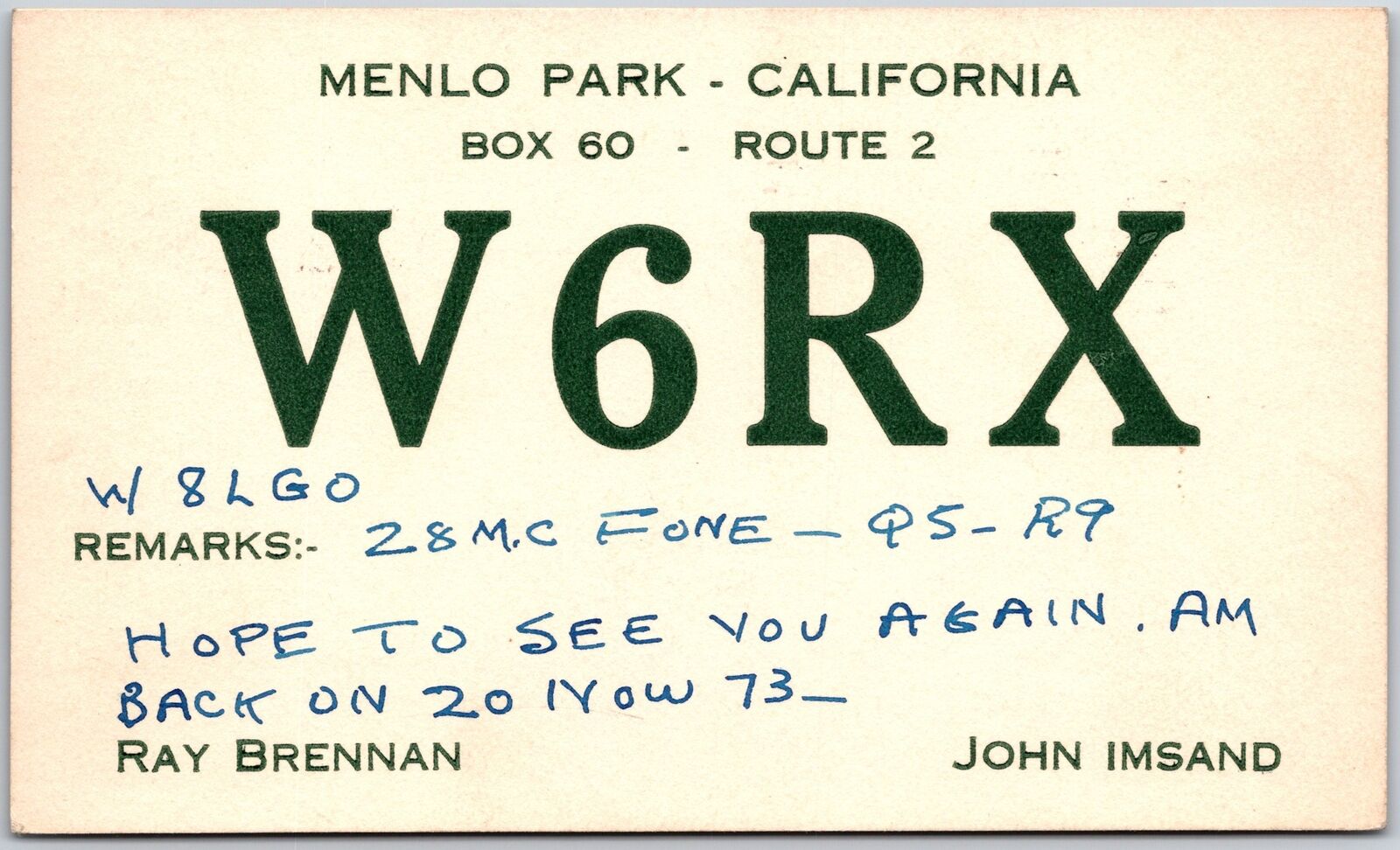 1937 QSL Radio Card Code W6RX Menlo Park CA Amateur Station Posted Postcard