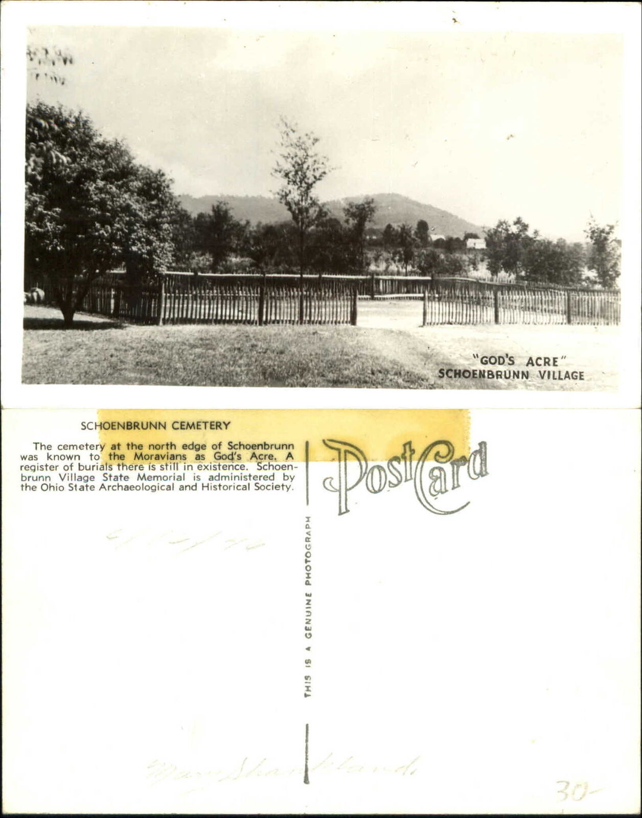 God\'s Acre Schoenbrunn Village Ohio RPPC Moravians 1940s postcard