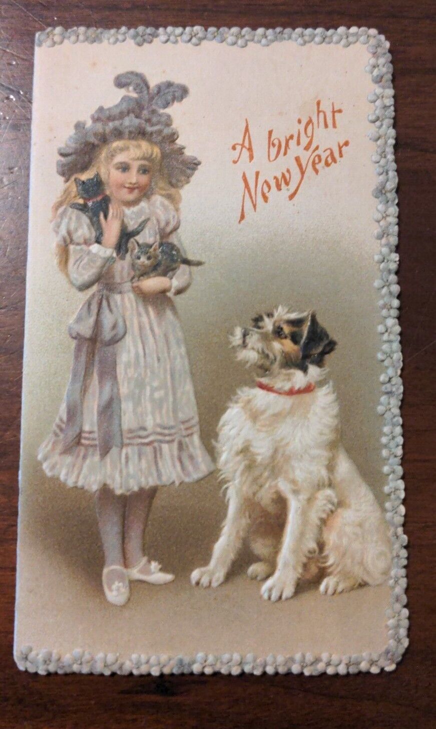 A Bright New Year Dog Cats & Girl Embossed Victorian Card Antique 1903