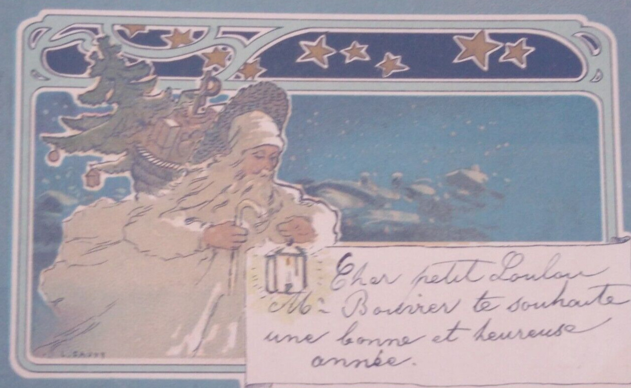 Art Nouveau Santa Claus White Robe Signed Vintage Christmas Postcard Germany