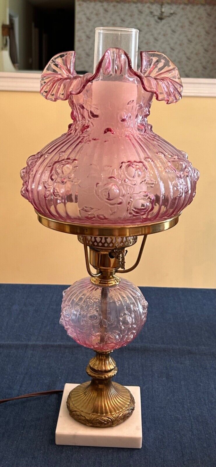 Fenton Pink Cabbage Rose Dusty Rose Art Glass Lamp on Marble Base