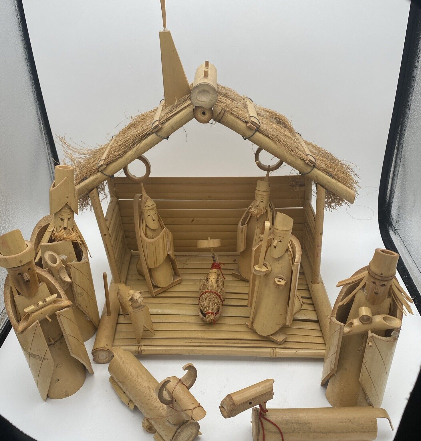 VTG Bamboo 10 Pc Nativity Scene W/ Manger handmade In Philippines READ
