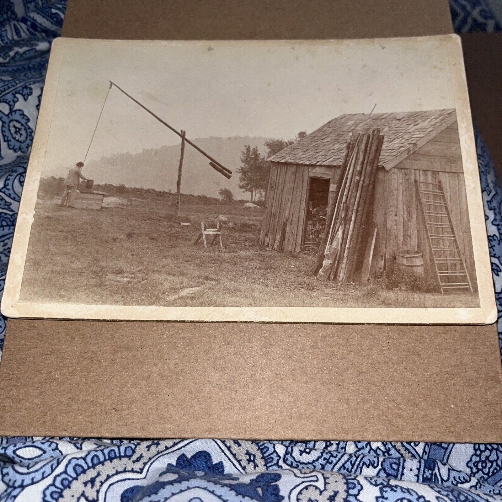 Antique Cabinet Card Photo: Early Irrigation Apparatus / Shadoof Next to Cabin