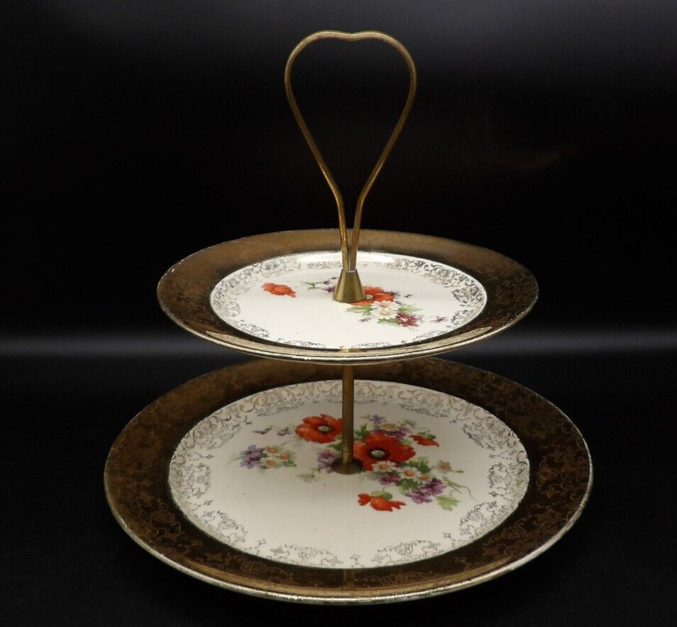Vintage Crest O Gold Two Tier Tidbit Tray Floral with 22K Gold Trim Hand Painted