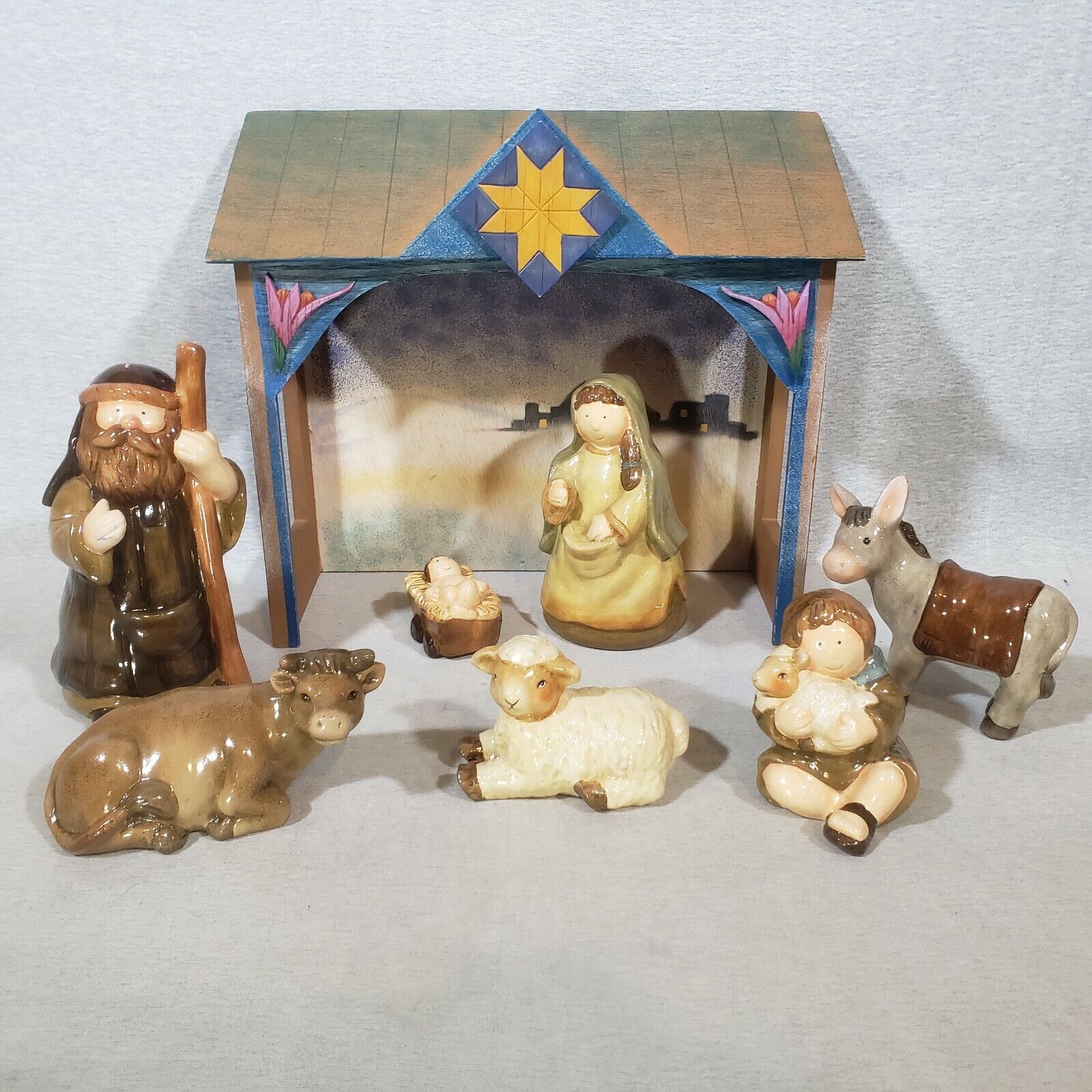 8 Piece Red Clay Nativity Set with Wood Stable Christmas Hand Painted Glazed