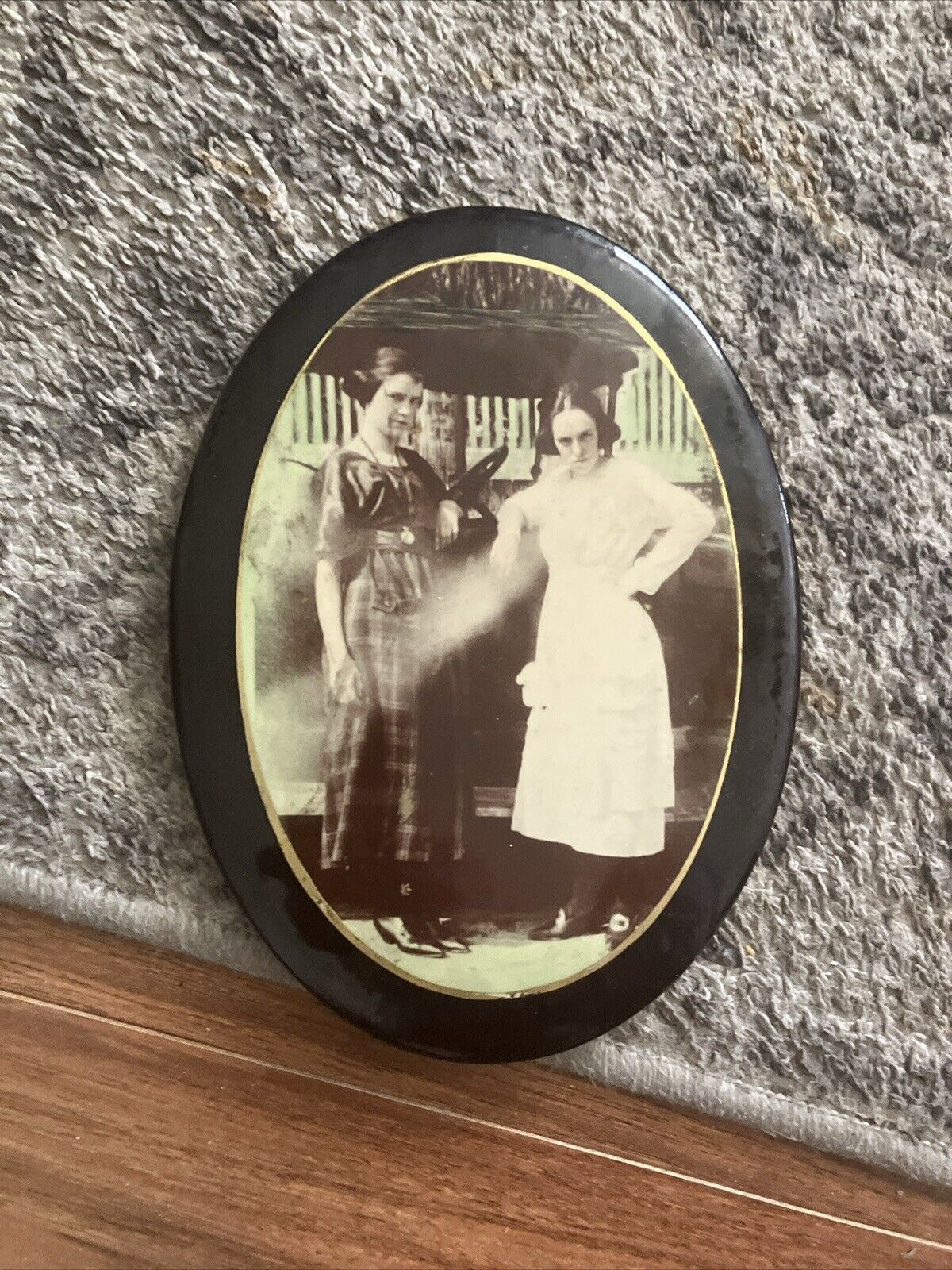 Vintage Celluloid Photo Of Two Women Beside A Car On A oval button