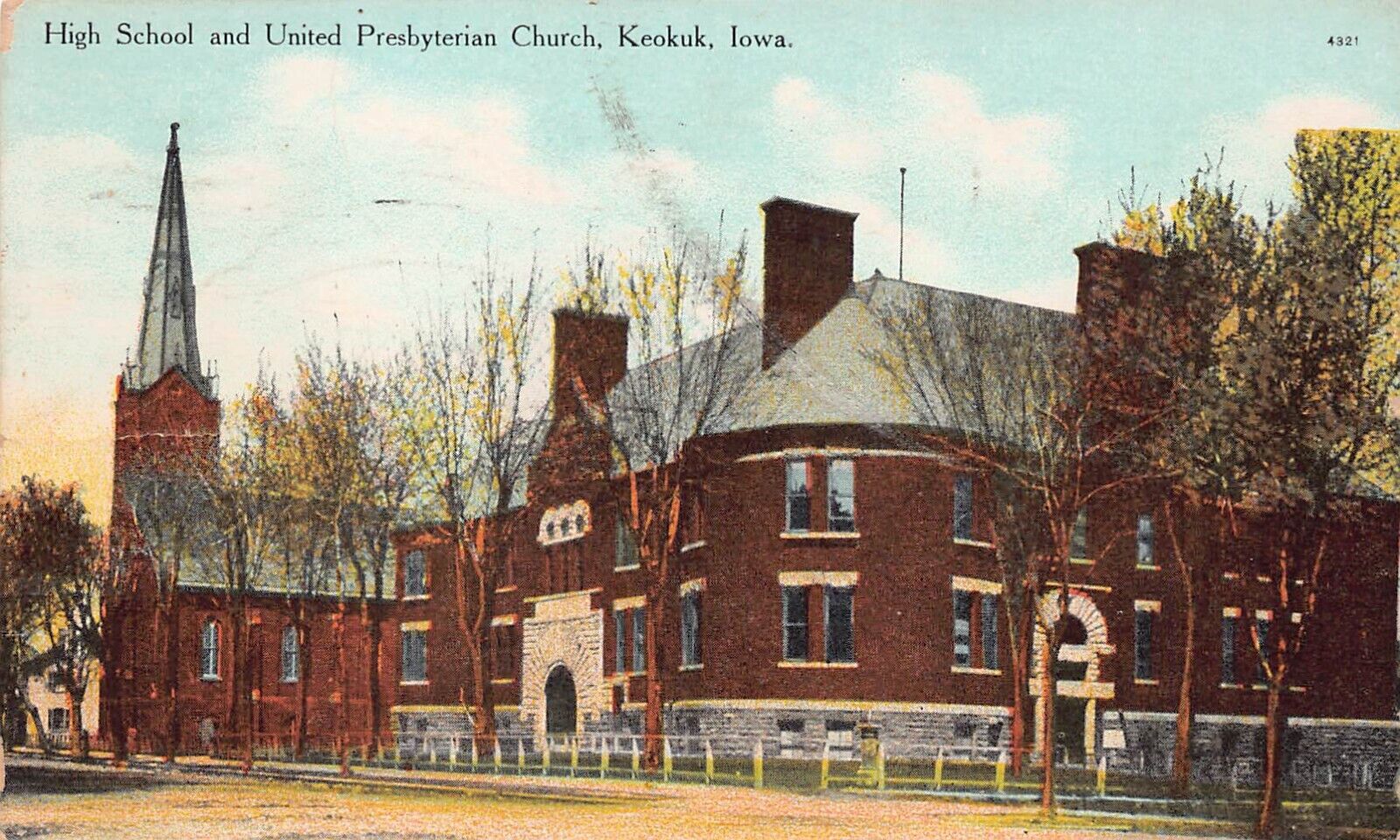 Keokuk IA Iowa High School and United Presbyterian Church Vtg Postcard B56