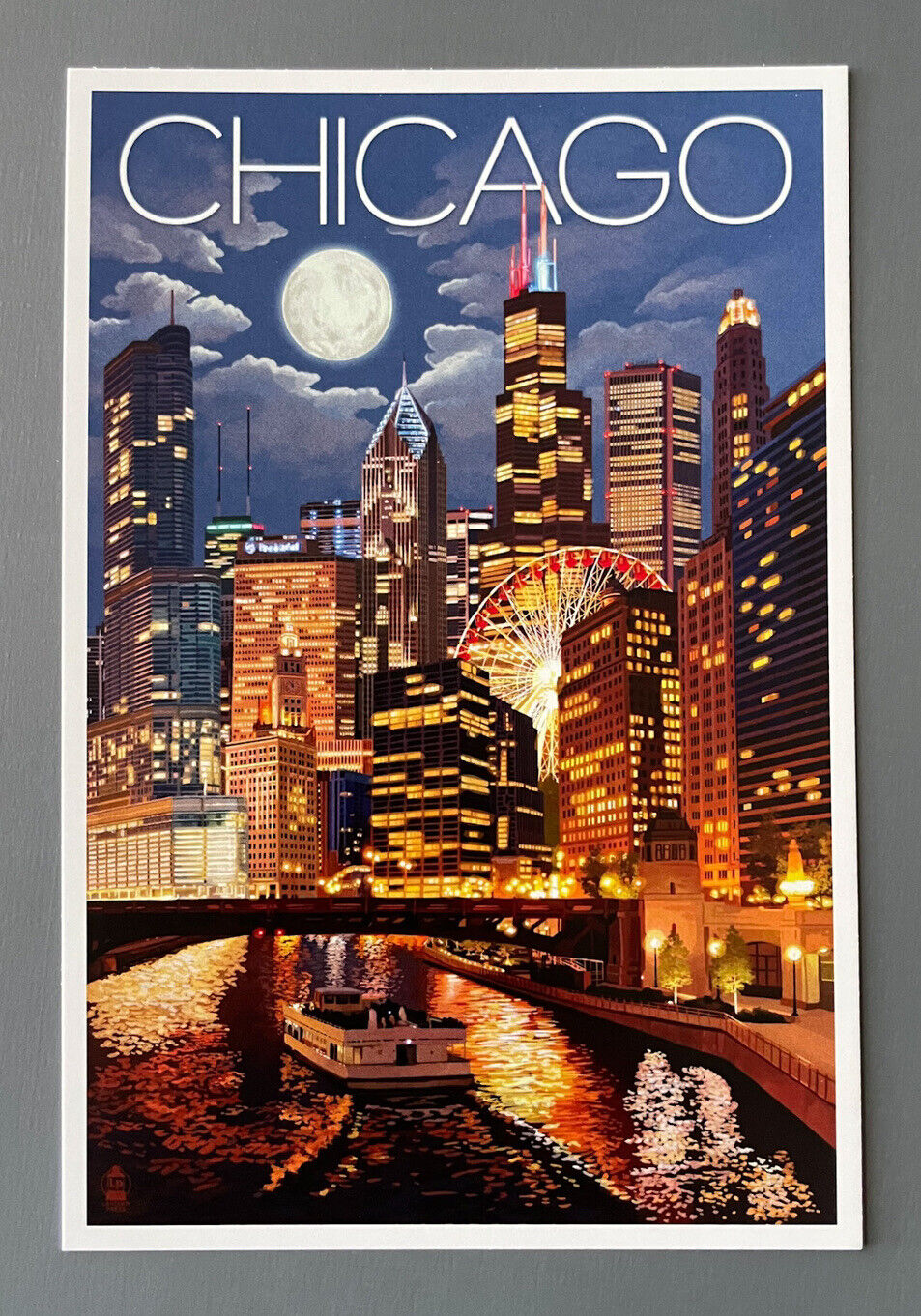 Chicago, Illinois- Skyline at Night - Lantern Press Postcard