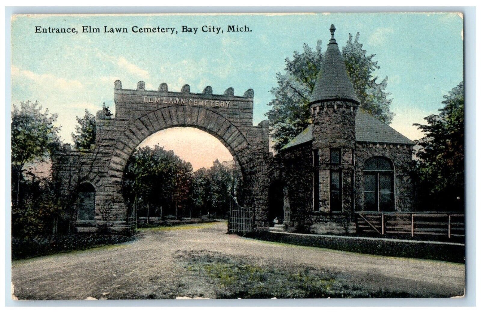 c1910 Entrance Elm Lawn Cemetery Exterior Bay City Michigan MI Vintage Postcard