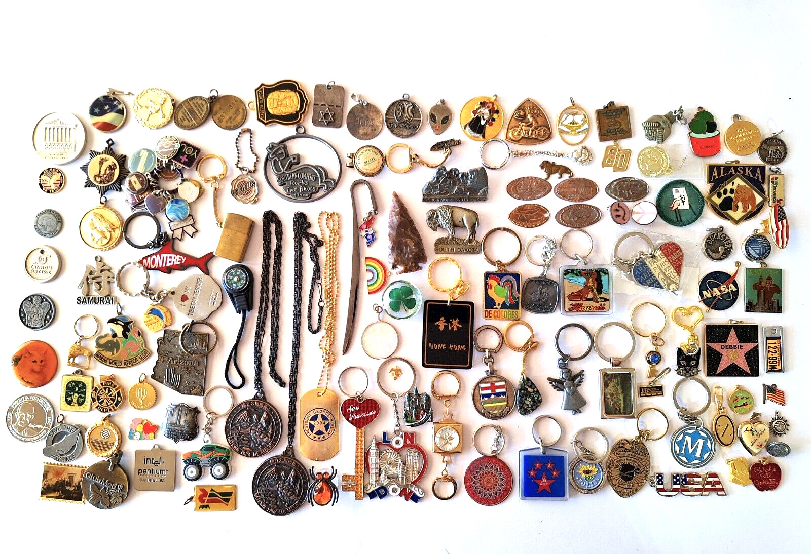 HUGE LOT MISC KEYCHAINS PENDANTS COINS MEDALLIONS SUNDRIES MISC 114 PC MIXED LOT