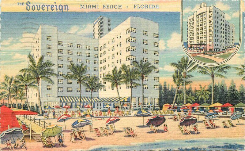Miami Beach Florida Sovereign Beach linen roadside Teich 1949 Postcard 21-7884