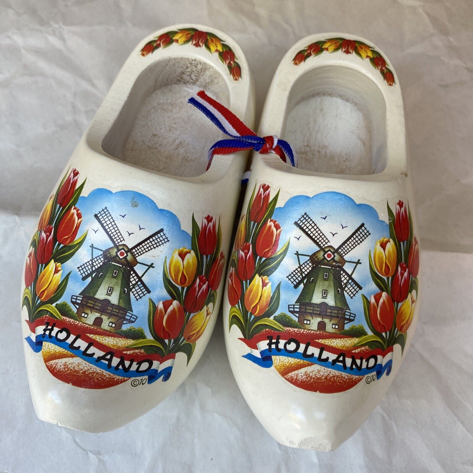 Small Mini Holland Wooden Shoe Clog Figure Windmill & Tulips Blue Colorful 