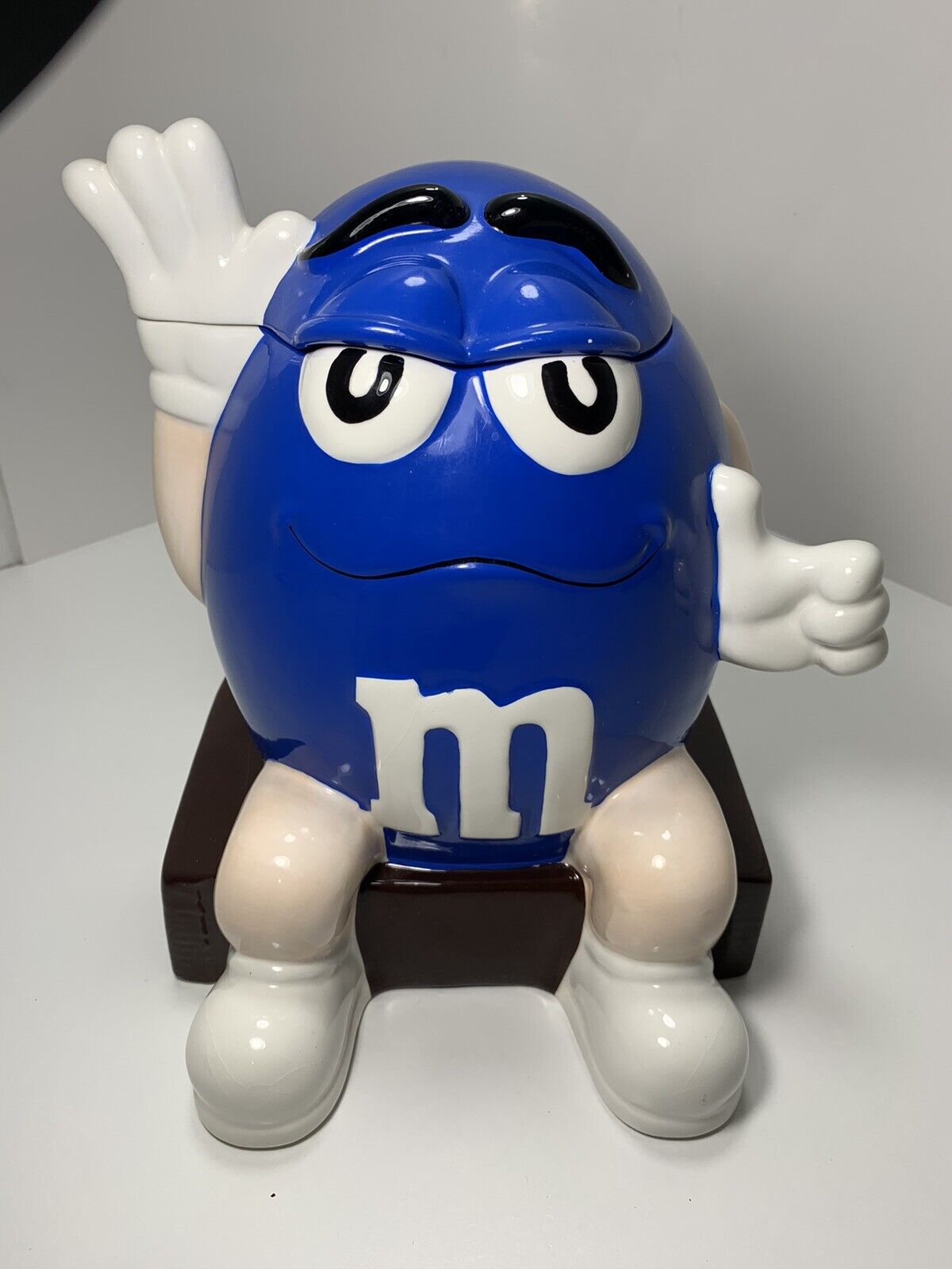 M&M Blue Cookie Candy Jar Waving Almond Collectible Large Ceramic Decor Mars