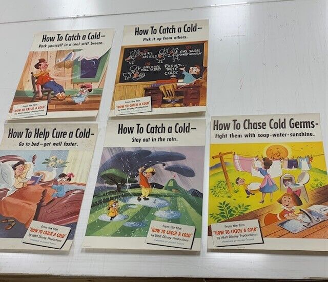 RARE Vintage - HOW TO CATCH A COLD set of 5-posters 1951 WALT DISNEY 14x205