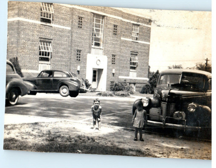 Vintage Photo 1946, 2 Children playing in Parking Lot, Antique Cars , 3.5 x 2.5
